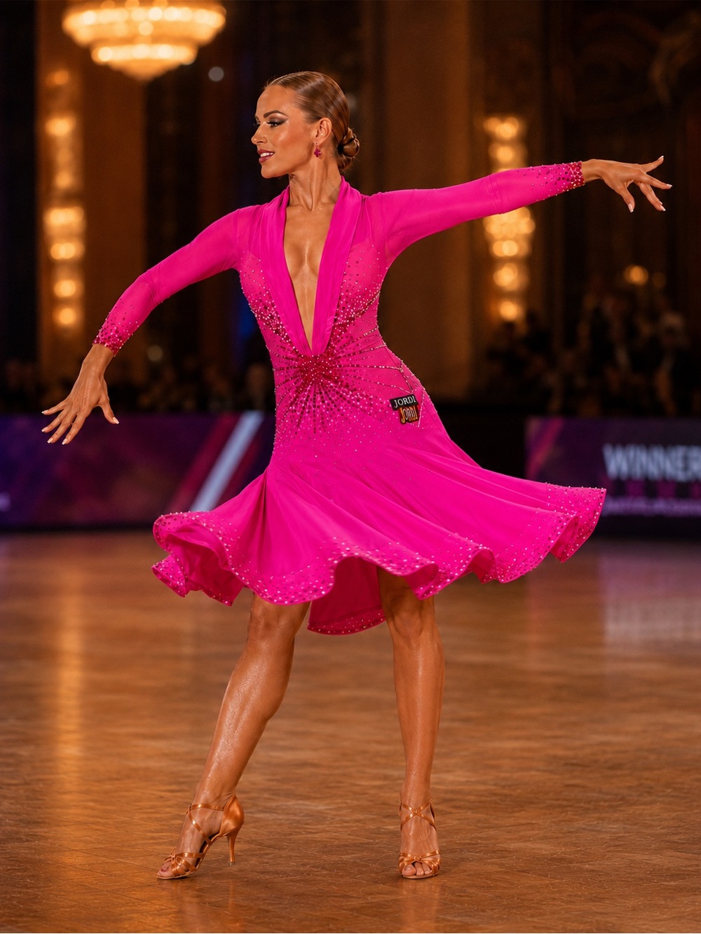 Jordi Electric Hot Pink Dance Dress with Deep V-Neck. Size S/M